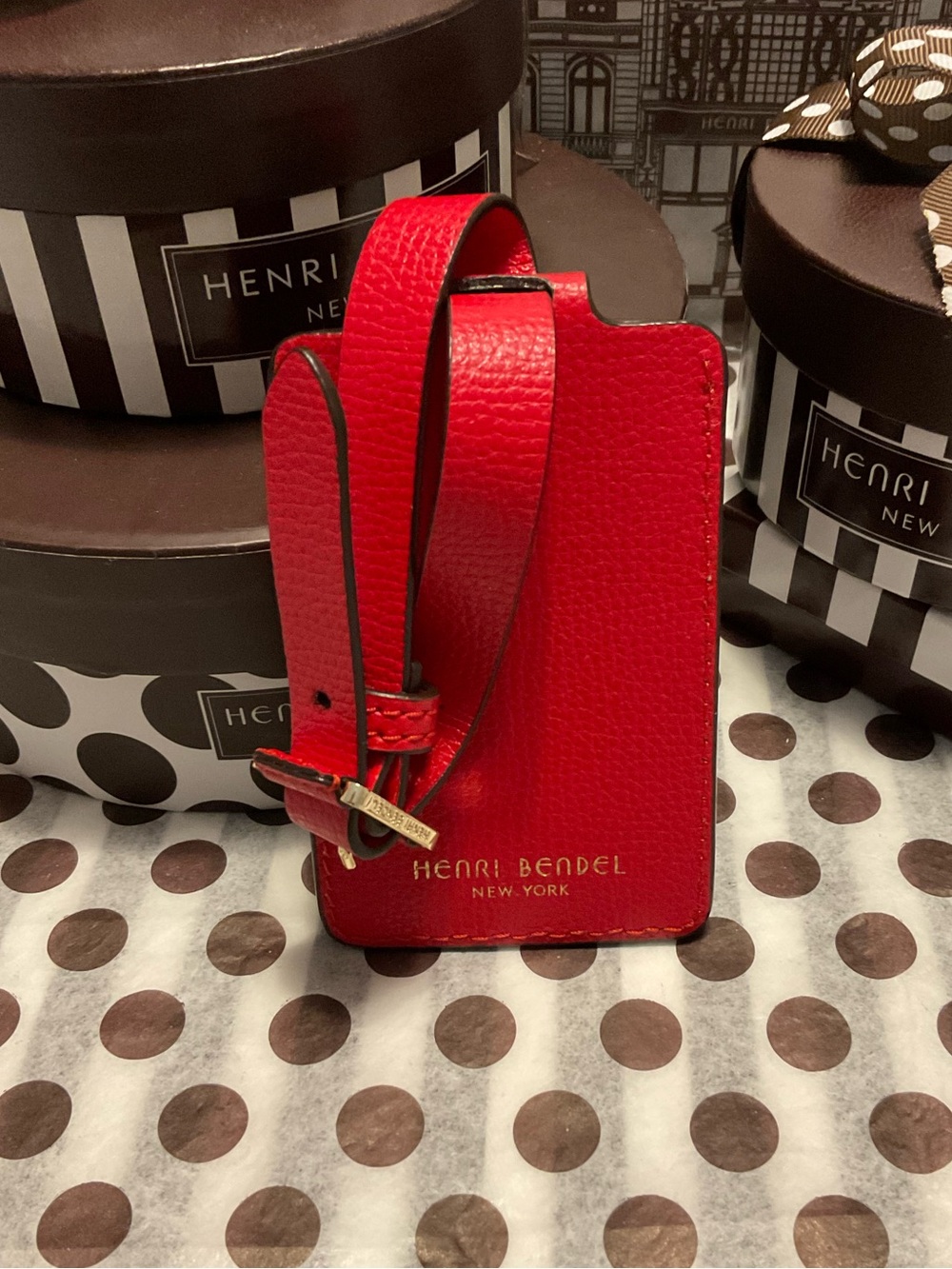Henri Bendel West 57th Blocked Pattern Bag/Luggage Tag Red w Centennial Stripes - Picture 2 of 12